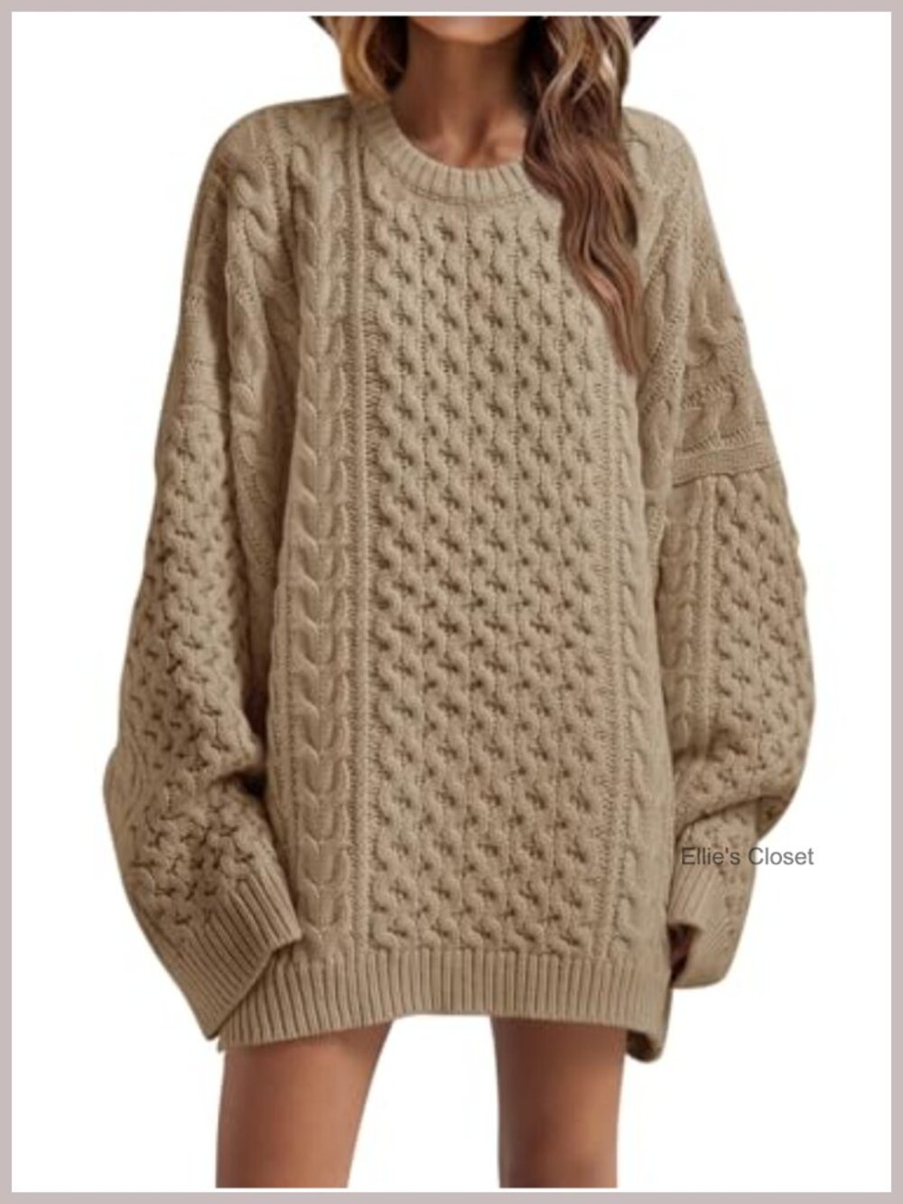 Oversized Chunky Cable Knit Tunic Sweater Crewneck Long Sleeve Pullover